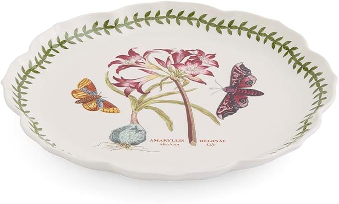 Portmeirion Botanic Garden Lotus Dinner Plate, Mexican Lily - Decorative Porcelain Dish with Butterfly Motif, 11.25" Scalloped Rim Shape for Dining or Display - Microwave, Oven & Dishwasher Safe