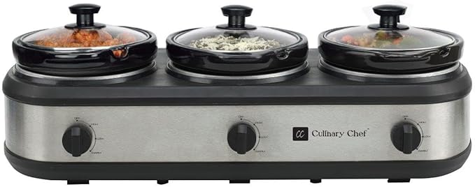 CULINARY CHEF, Triple Slow Cooker, Buffet Server 3 Pot, Food Warmer - Stainless