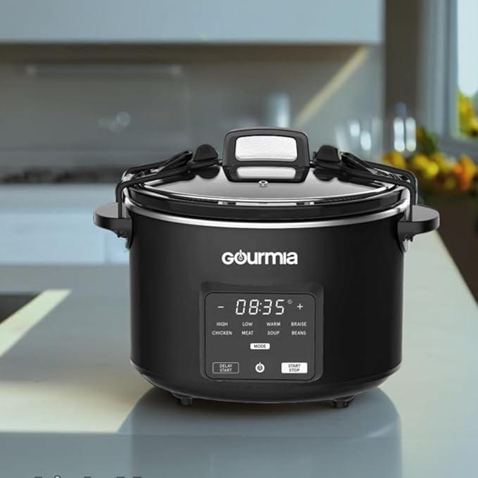 Gourmiia 4.5 Qt Programmable Slow Cooker with 5 Presets, Slow Cook, Digital Timer, Keep Warm Function, Nonstick Interior, Dishwasher Safe, Black