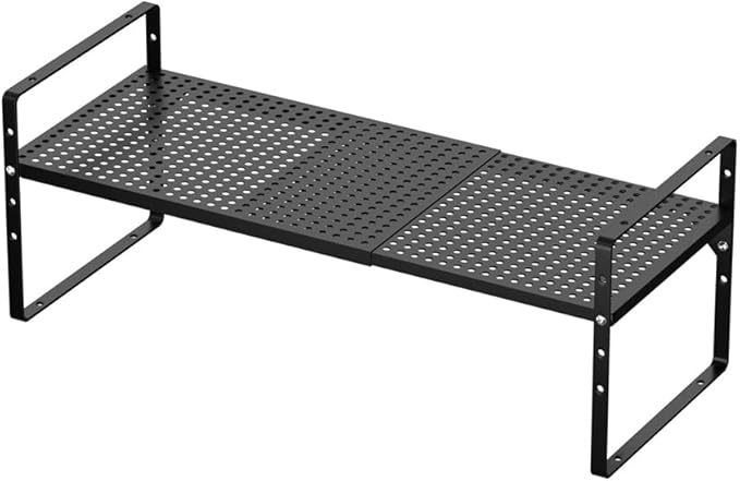 Expandable Cabinet Storage Shelf Organizer Rack, Heavy Duty Steel Metal Spice Rack Adjustable Height Home Office Pantry Shelf Space Riser for Counter Kitchen Organization -Black