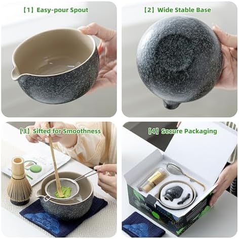 TEANAGOO Matcha Whisk Set Black,7 Pcs Matcha Set,Matcha Kit for Ceremony,Tradition Tea Set for Making Breakfast/Latte,Matcha Whisk Set with Bowl(Chawan)/Whisk and Holder,Gift for Family/Friend