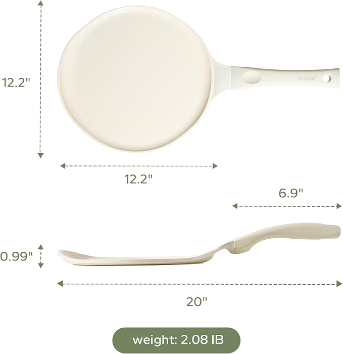 Redchef Nonstick Crepe Pan Nonstick 12 Inch with Ceramic Coating, Non Stick Flat Skillet, Professional Pancake Griddle Pan, Induction Compatible, PFAS/PFOA/PTFE Free, Stay-Cool Handle (Beige White)