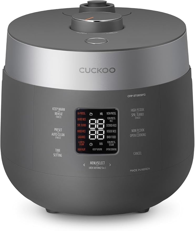 CUCKOO Twin Pressure Rice Cooker 6-Cup Uncooked / 12-Cup Cooked with Nonstick Inner Pot, Versatile Rice Maker & Warmer with 16 Menu Options, Open Cooking Mode, Voice Guide, Gray (CRP-ST0609FG)