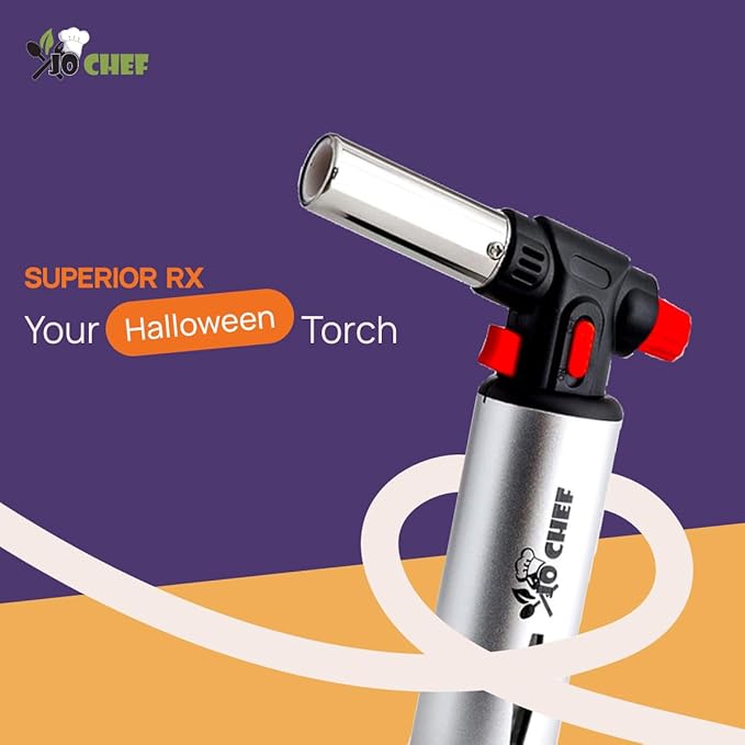 Jo Chef Kitchen Torch with Butane Included – Refillable Lighter with Safety Lock & Adjustable Flame, Blow Culinary Torch for Cooking, BBQ, Creme Brulee, DIY and Soldering - 1 Can (3.38oz) Included
