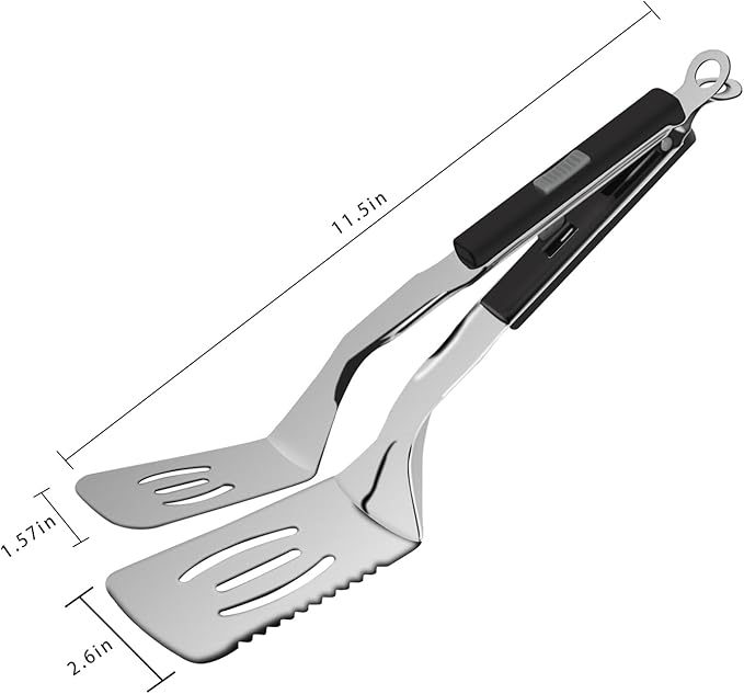 11.5-inch Stainless Steel Tongs for Cooking – Versatile Metal Spatula Tongs for Flipping, Picking Up, Cutting, and Stir-Frying Meats and Other Foods. Kitchen Tongs Durable and Multifunctional.(Black)