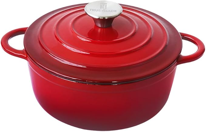 Trustmade 4.5 QT Cast Iron Dutch Oven, Enamel Coated Cookware Pot with Self Basting Lid for Home Baking, Braiser, Cooking, Red