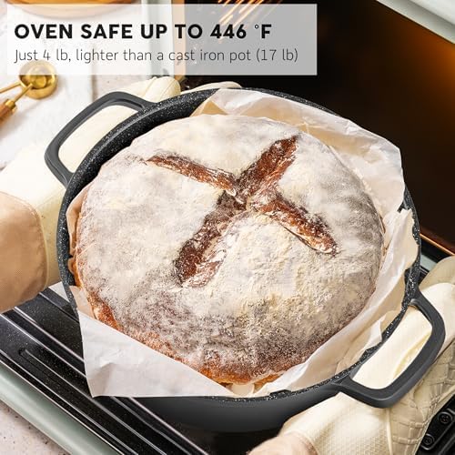 Large Dutch Oven Pot with Lid-7.5QT Cast Aluminum Oven Pot with Two Handles Lightweight for Bread Baking Braising and Roasting(Black)