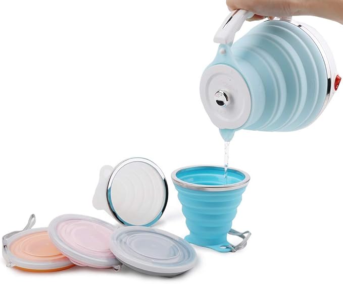 Upgrade Travel Kettle, ShineMe Food Grade Silicone Dual Voltage 110-220V Ultrathin Portable Electric Water Kettle with Cup, Universal Adaptor and Detachable Power Cord, 555ML (Blue)