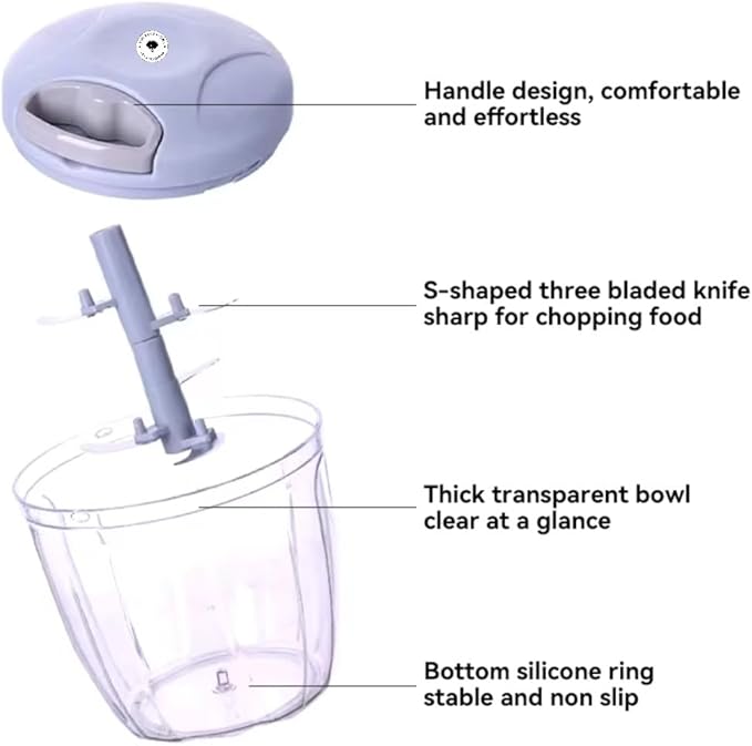 Manual Vegetable Chopper – Hand Pull Food Processor with 3 Stainless Steel Blades, BPA-Free Bowl, Ergonomic Handle – Garlic Onion Mincer for Kitchen, Camping, RV & Outdoor Use – Pink, 900ml