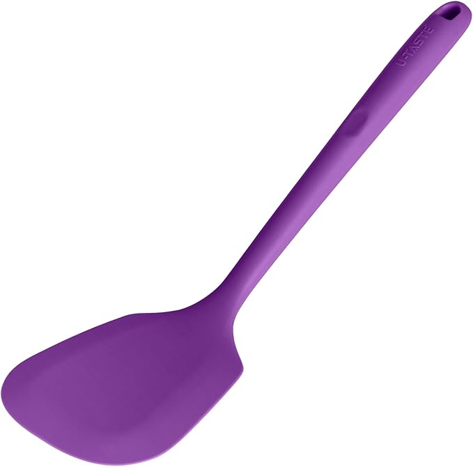 600ºF Heat Resistant Silicone Turner: U-Taste 13.6in Solid Kitchen Spatula Flipper, Food Grade Flexible & Thin Rubber Seamless Cooking Utensil for Flipping Egg, Pancake in Nonstick Cookware (Purple)