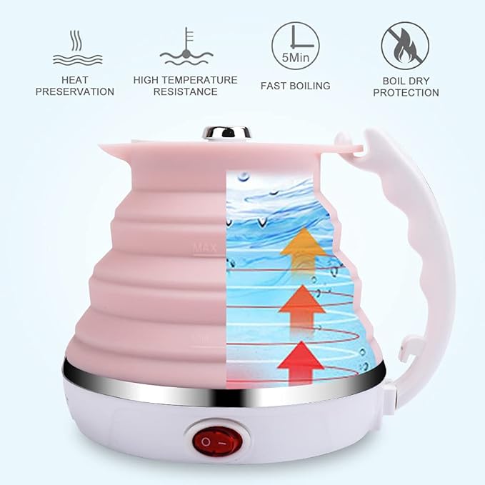 Upgrade Travel Kettle, ShineMe Food Grade Silicone Dual Voltage 110-220V Ultrathin Portable Electric Water Kettle with Cup, Universal Adaptor and Detachable Power Cord, 555ML (Pink)
