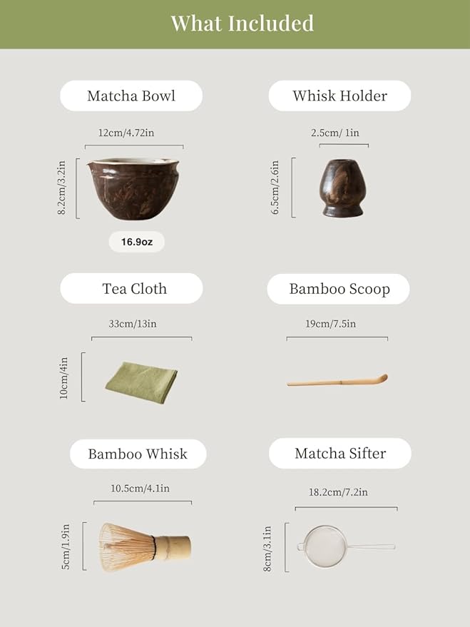 6-pcs Japanese Matcha Whisk Set with Handmade Wabi-Sabi Ceramic Bowl(Chawan),Bamboo Chasen, Whisk Holder, Scoop, Sifter & Tea Towel,Matcha Ceremony Kit,(Silent taupe)