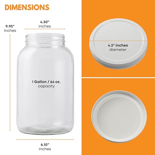FastRack - One Gallon Wide Mouth Jar with White METAL Airtight Lid (Pack of 4) | Glass Canisters with Airtight Lids | Large Mouth Glass Jar with Fermentation Lid for brewing, fermentation and pickling