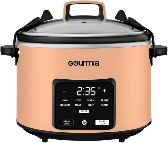 Gourmiia 4.5 Qt Programmable Slow Cooker with 5 Presets, Slow Cook, Digital Timer, Keep Warm Function, Nonstick Interior, Dishwasher Safe (Peach)