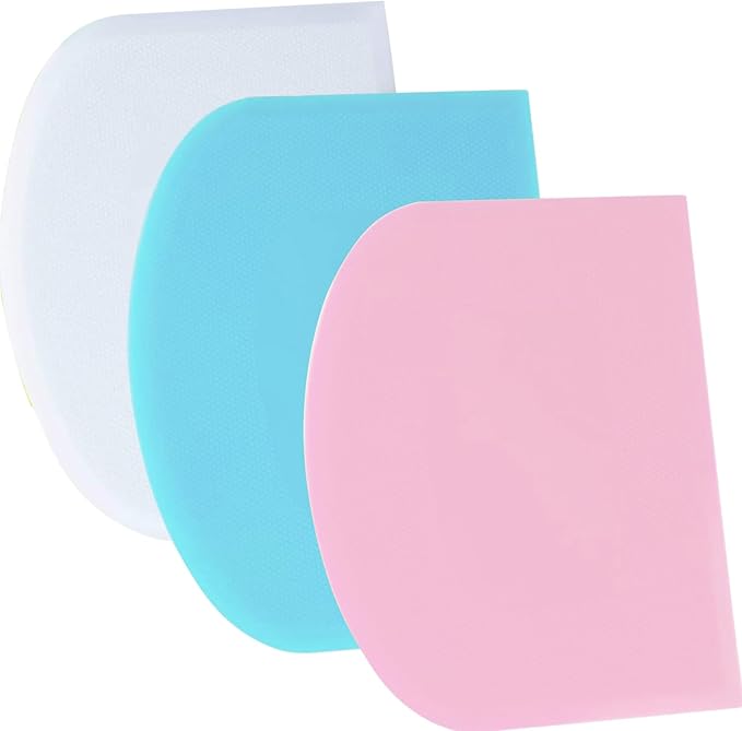 SURDOCA Dough Scraper Bench Scraper - 3P 7.1x4.9" Plastic Flexible Bowl Scraper, Sharp Edge & Angles Cake Scraper. Non-Slip Bakeware Decorating Tools Sculpting & Modeling Tools - Blue+White+Pink