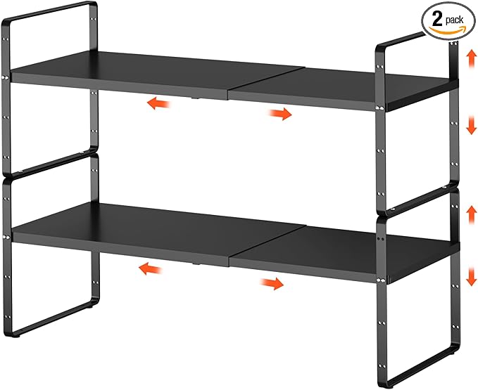 2Pack 16.5-27’’L Expandable Cabinet Shelf Organizers, Stackable Metal Shelves Extender for Kitchen Countertop Storage, Adjustable Spices Shelves Rack Stand for Cupboard Pantry, Black