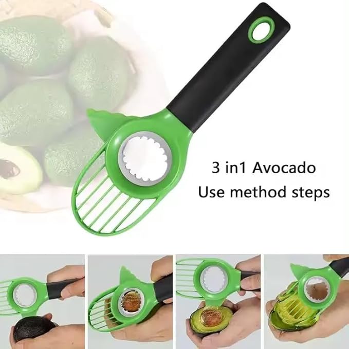 Avocado Slicer 3-in-1 Tool – Stainless Steel Cutter, Pitter, Corer with Non-Slip Grip Handle – Multifunctional Avocado Seed Remover Cutter for Fruit & Kitchen Use (Green Black)
