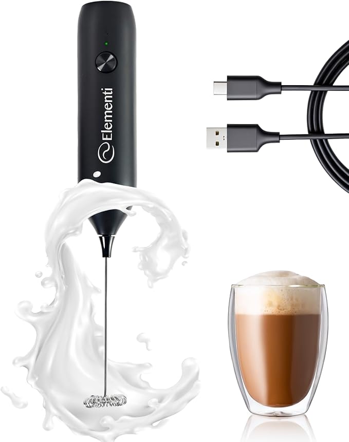 Elementi Milk Frother Wand Rechargeable Drink Mixer - Powerful USB-C Rechargeable Frother Handheld & Coffee Mixer Wand - Hand Held Milk Foamer to Make Perfect Cappuccinos, Lattes & Drink Mixes (Black)