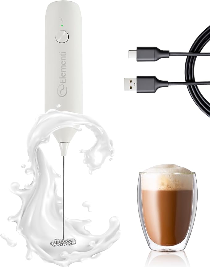 Elementi Milk Frother Rechargeable Drink Mixer Wand - Powerful USB-C Rechargeable Frother & Coffee Mixer Wand - Hand Held Milk Foamer Whisk to Make Perfect Cappuccinos, Lattes & Drink Mixes (White)