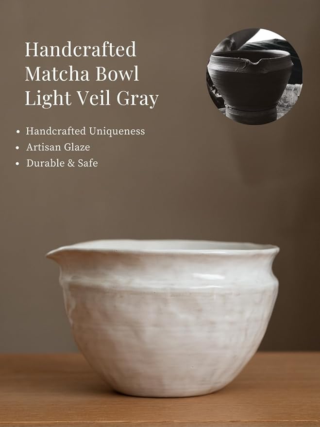 6-pcs Japanese Matcha Whisk Set with Handmade Wabi-Sabi Ceramic Bowl(Chawan),Bamboo Chasen, Whisk Holder, Scoop, Sifter & Tea Towel,Matcha Ceremony Kit,(Light Veil Gray)