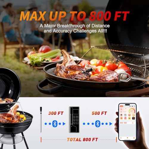 Meat Thermometer Digital Wireless, 800FT Long Range Bluetooth Cooking Thermometer, Food Thermometer for Remote Monitoring of Grill, Oven, Smoker, Air Fryer, Rotisserie, iOS & Android App