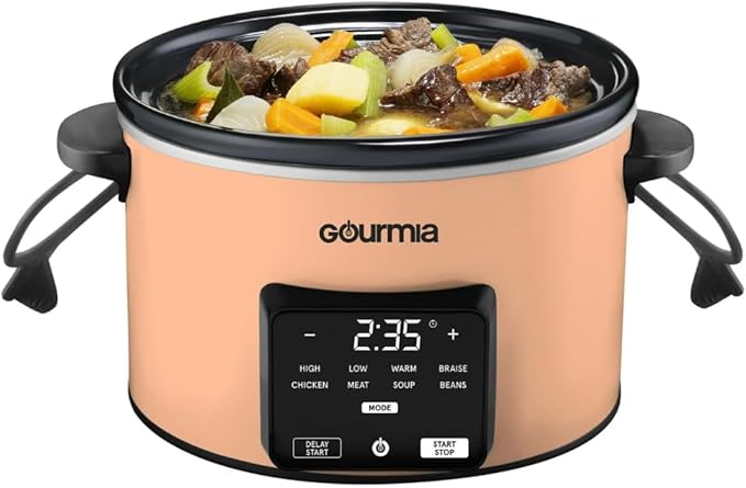 Gourmiia 4.5 Qt Programmable Slow Cooker with 5 Presets, Slow Cook, Digital Timer, Keep Warm Function, Nonstick Interior, Dishwasher Safe (Peach)