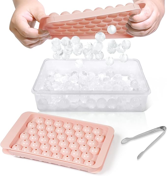 WIBIMEN Ice Cube Tray with Lid and Bin - Round Ice Trays for Freezer with Lid - Ice Cube Trays for Freezer with Ice Container (0.8"-2PACK Pink)