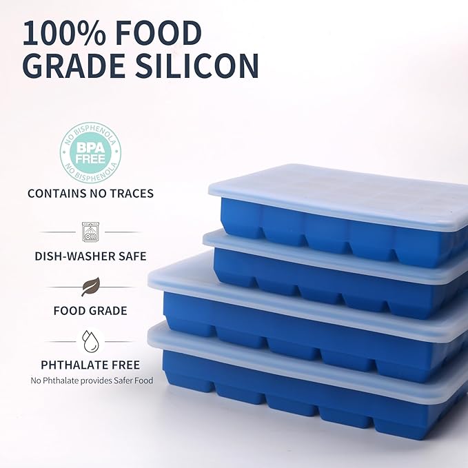 2 Tbsp & 1 Tbsp Silicone Freezer Molds - Perfect for Storing Garlic, Herbs, Ginger, Pesto, Tomato Paste, Lemon Juice,Vegetable Purees,Purees and More - Silicone Food Freezer Tray (Blue 4 Pack)