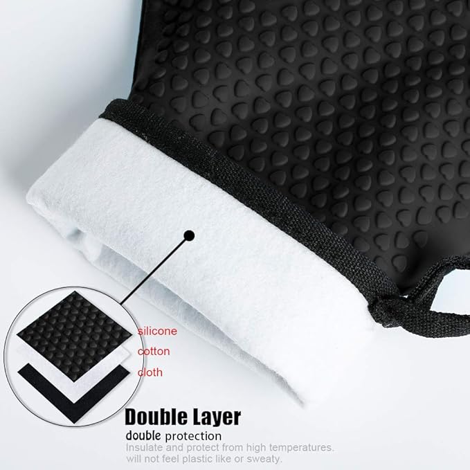 Kitchen Oven Gloves - Dual-Layer Heat Resistant Grilling Gloves, Silicone Oven Mitts with 5 Fingers, Waterproof Non-Slip Pot Holder for Barbecue, Cooking, Baking (XL-XXXL, Black)