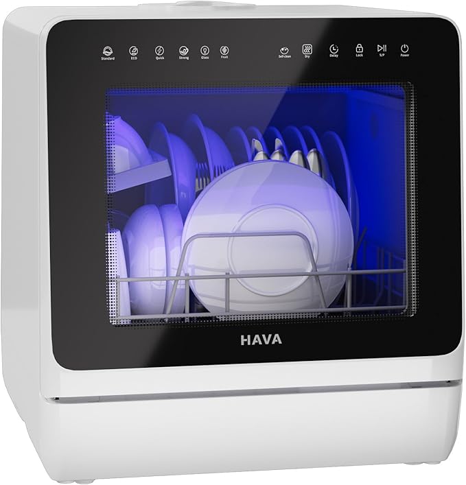 HAVA 2025 NEW Upgraded Countertop Dishwasher with Water Softener and Enhanced Energy Efficiency, Portable Dishwasher with 8 Wash Programs, Child Lock & Delayed Start Function, No Installation Needed