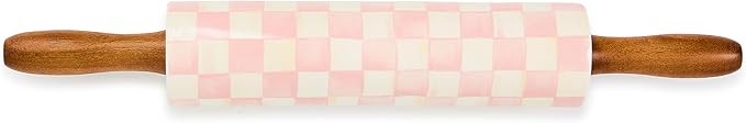 MACKENZIE-CHILDS Rolling Pin, Ceramic Decorative Roller Pin for Baking, Pink-and-White Rosy Check