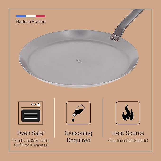 De Buyer MINERAL B Carbon Steel Crepe & Tortilla Pan - 9.5” Diameter, 8.3” Cooking Surface - Ideal for Making & Reheating Crepes, Tortillas & Pancakes - PFAS, PFOA & PFOS Free - Made in France