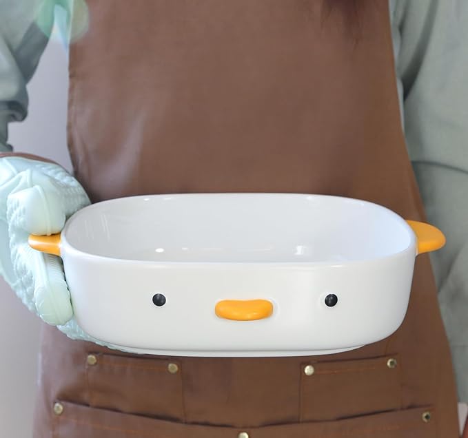 PURROOM Cute Duck Baking Dish, Ceramic Casserole Square Dish, Porcelain Pie Pan, 9x9 in Medium Baking Pan with Handles, Oven Safe & Durable Bakeware for Lasagna.