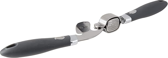Tovolo Garlic Press Stainless Steel Mincer and Crusher Squeeze Silicone Comfort Grip, Dishwasher Safe, Removable Chamber for Easy Clean, One Charcoal