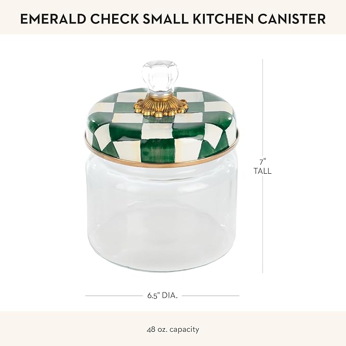 MACKENZIE-CHILDS Small Kitchen Canister, Decorative Glass Storage Jar with Lid, Green-and-White Emerald Check