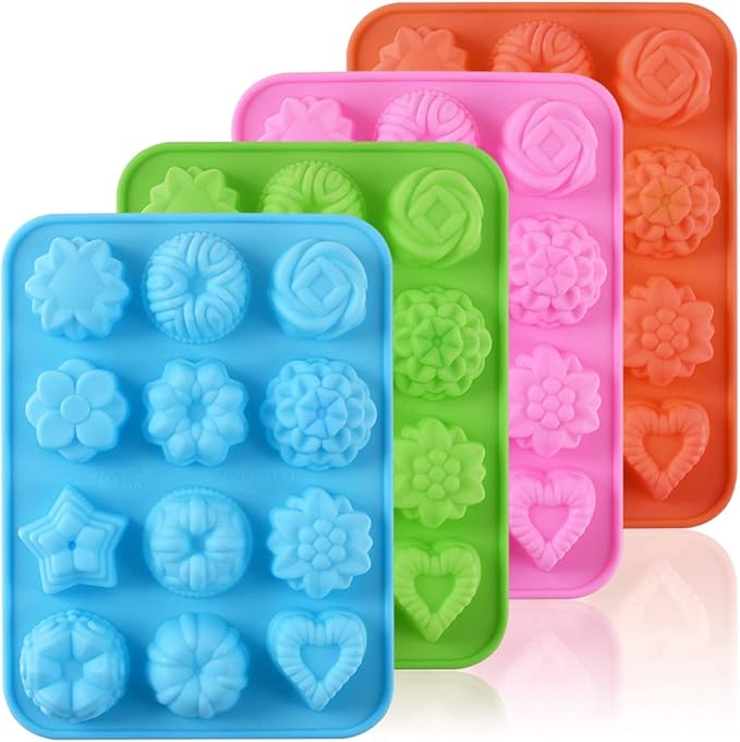 Newk Flower Heart Shape Chocolate Silicone Mold, 4 Packs 12 Cavity Candy Baking Mold for Parties, Festival and DIY Crafts - Green, Blue, Pink, Orange