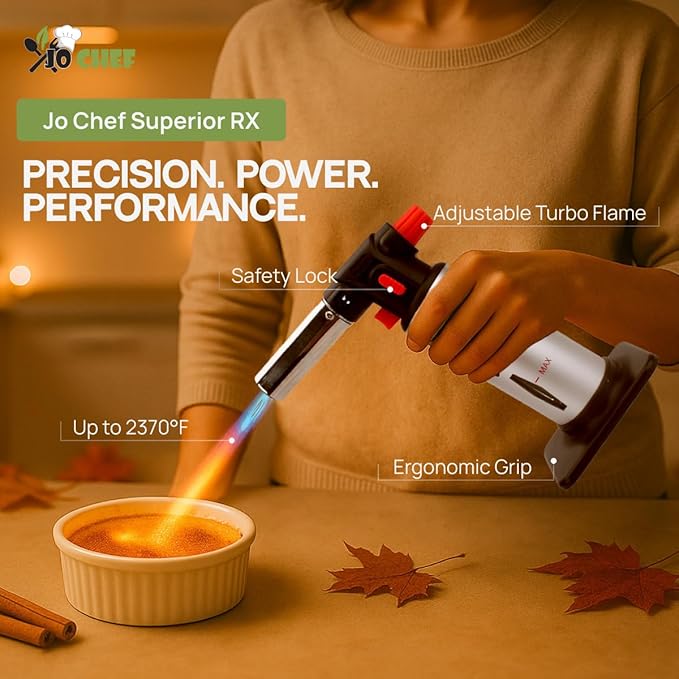 Jo Chef Kitchen Torch with Butane Included – Refillable butane torch Lighter with Safety Lock & Adjustable Flame, Culinary Blow Torch for Cooking, Creme Brulee and Soldering 2 Cans (3.38oz) Included