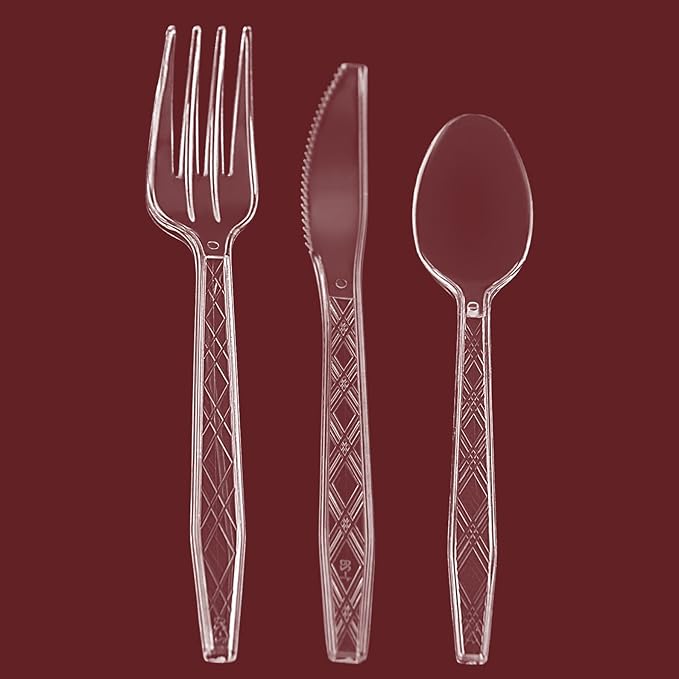 Party Bargains Clear Plastic Cutlery 2160 pcs: 1080 Forks, 720 Spoons, 360 Knives. Argyle Design, Heavy Duty & Solid Disposable Silverware Utensils Combo Pack Set for Weddings, Buffets, Luncheons
