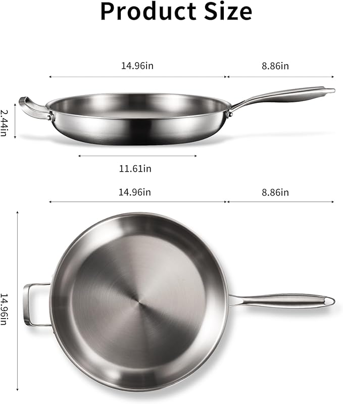 DELARLO Stainless Steel Pan, 14.2 Inch Frying Pan, Tri-Ply Skillet with Lid, Oven Safe Up to 600℉, Stainless Steel Cookware, Fast Even Heat, Large Cooking Surface,Non Toxic Large Skillet