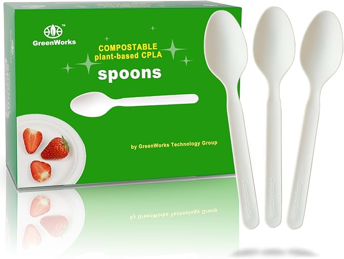 GreenWorks 200 Count Heavy-duty Compostable spoons, BPI Certified Large Disposable Flatware Utensils Spoon