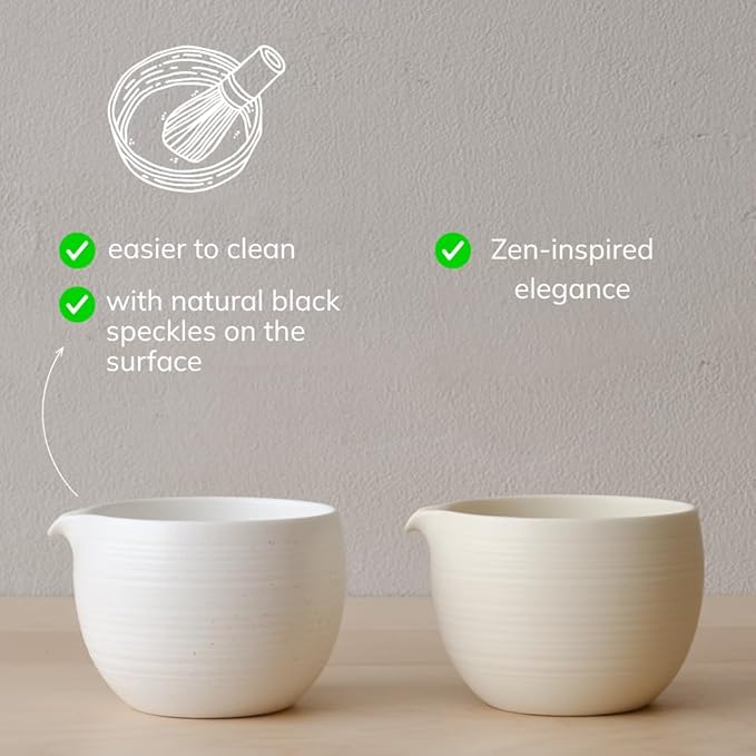 Matcha Whisk Set, Ceramic Matcha Bowl & Whisk Holder, Bamboo Accessory, Modern Design (White, Pouring Spout)