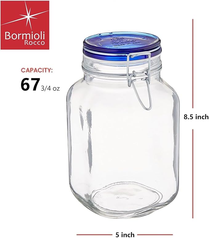 Bormioli Rocco Fido Collection, 2 Pack, 67.75 Oz. Food Storage Glass Jars, Airtight Rubber Seal & Glass Lid, With Stainless Wire Clamp,Made In Italy.