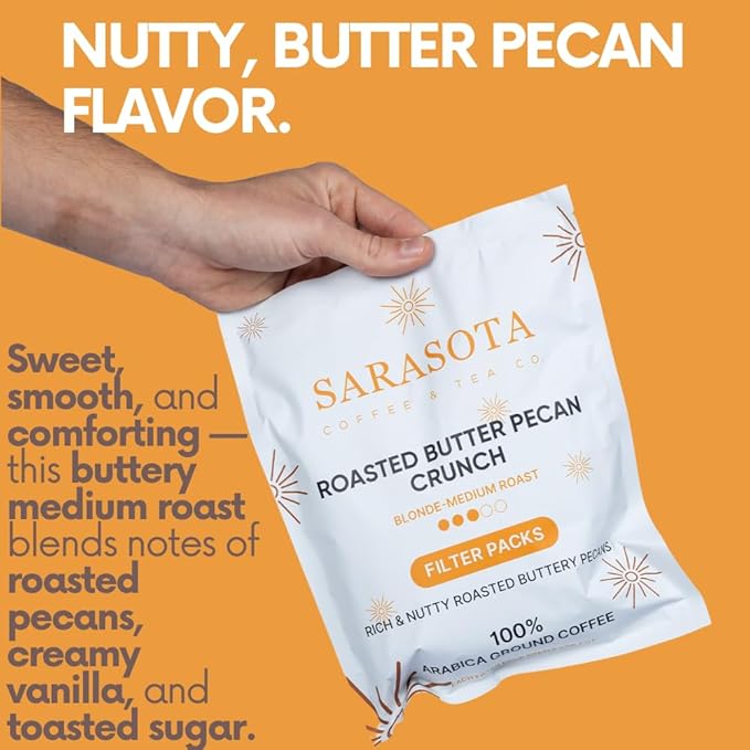Ground Flavored Coffee In Filter Packs | Medium Roast Low Acid Mold Free Pouches | Bulk Packets | Roasted Butter Pecan Crunch | Gourmet Individual Premeasured Coffee Bags for 10-12 Cup Drip Maker