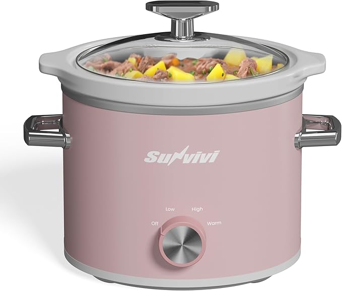 Sunvivi 2 Quart Slow Cooker, Small Slow Cooker with Removable Ceramic Pot, Food Warmer with 3 Heating Settings & Dishwasher Safe Glass Lid, Pink