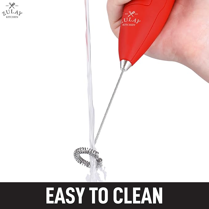 Zulay Double Grip Milk Frother with Holster Stand – Handheld Electric Coffee Frother, One-Touch Foam Maker – Detachable SS Whisk for Latte, Cappuccino, Matcha, Hot Chocolate – Red
