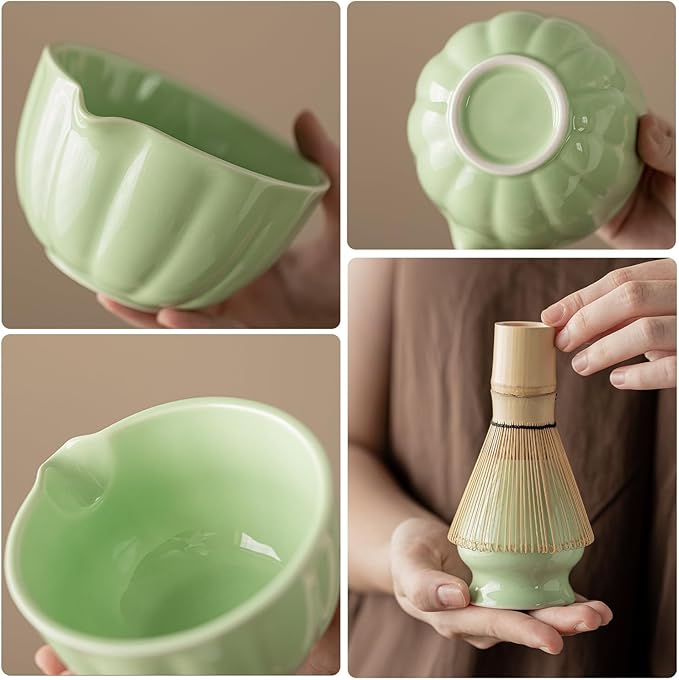 Matcha Whisk Set of 8 - HTRCXB Ceramic Matcha Set, Include Matcha Bowl, Matcha Whisk and Holder, Bamboo Scoop, Measuring Spoon, Scoop Rest, Sifter and Tea Towel - Matcha Kit Gift for Matcha Lovers