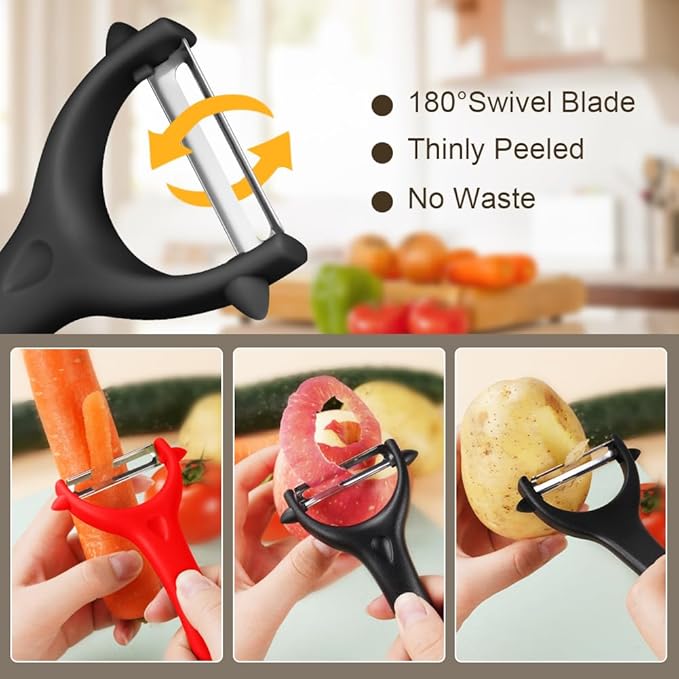 AUAUY 2Pcs Potato Peeler, Y-Shaped Swivel Vegetable Peeler, Fruit Peeler for Kitchen, Non-Slip Y Peeler, Ergonomic Handle Sharp Blade Stainless Steel Peeler, Veggie Peelers for Kitchen(Black+Red)