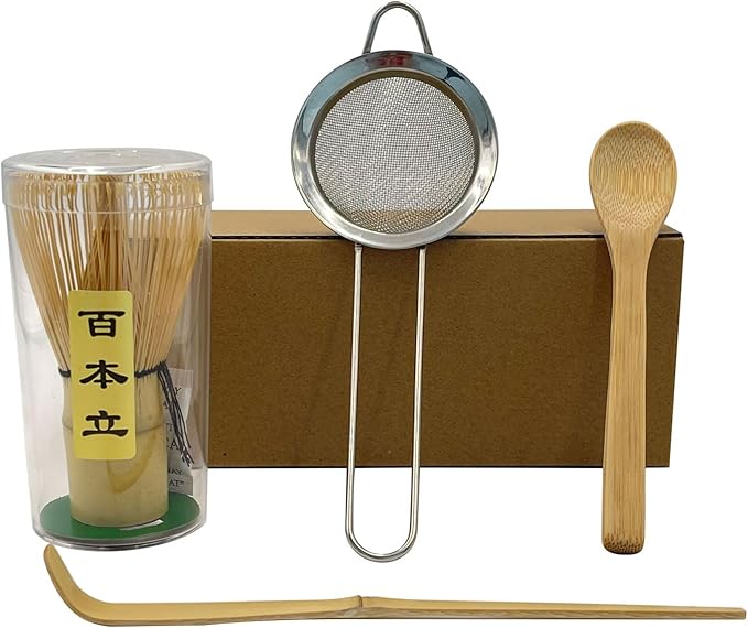 Matcha Whisk Set 4 Pieces Set for Matcha Beginners, Including a Traditional Bamboo Whisk, Spoon, Tea Sieve and Bamboo Spoon