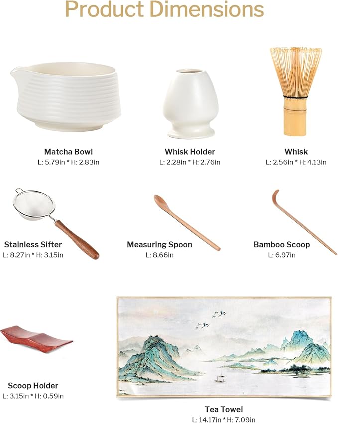 Artisan Matcha Whisk Set - 8 Pcs Premium Matcha Set with Bowl (Chawan), Bamboo Whisk & Tools | Matcha Kit for Making Breakfast/Latte | Gift for Matcha Lovers (White)