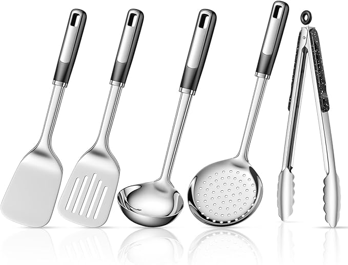 5 pcs Cooking Utensils Set,Stainless Steel Kitchen Utensils,Kitchen Tools Include Solid & Slotted Spatula,Soup Ladle,Egg Whisk,tongs,Skimmers